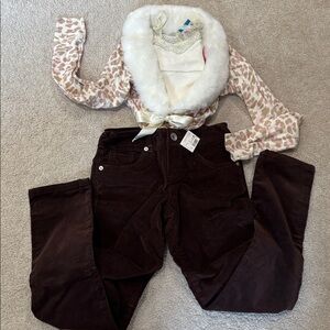 Justice Faux Fur Collar Cardigan, Brown corduroy Pants & off-white lace camisole